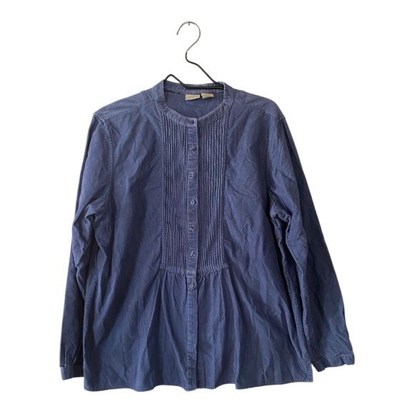 L.L. Bean Blue Corduroy Button Down Top Blouse Mandarin Collar Women’s Large - Picture 1 of 7